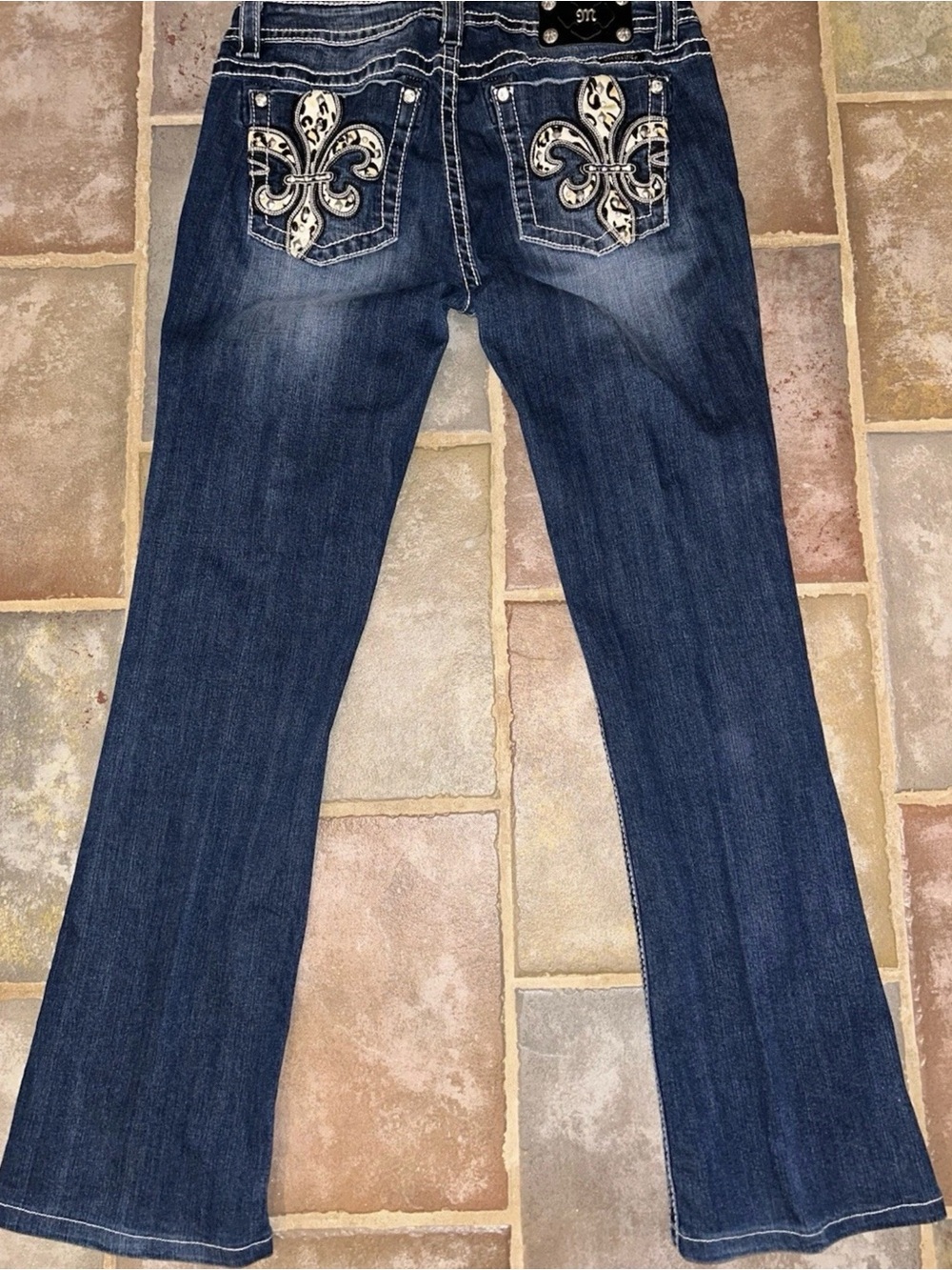 Miss Me Dark Blue Boot Cut Jeans with Fleur-de-Lis Embroidery